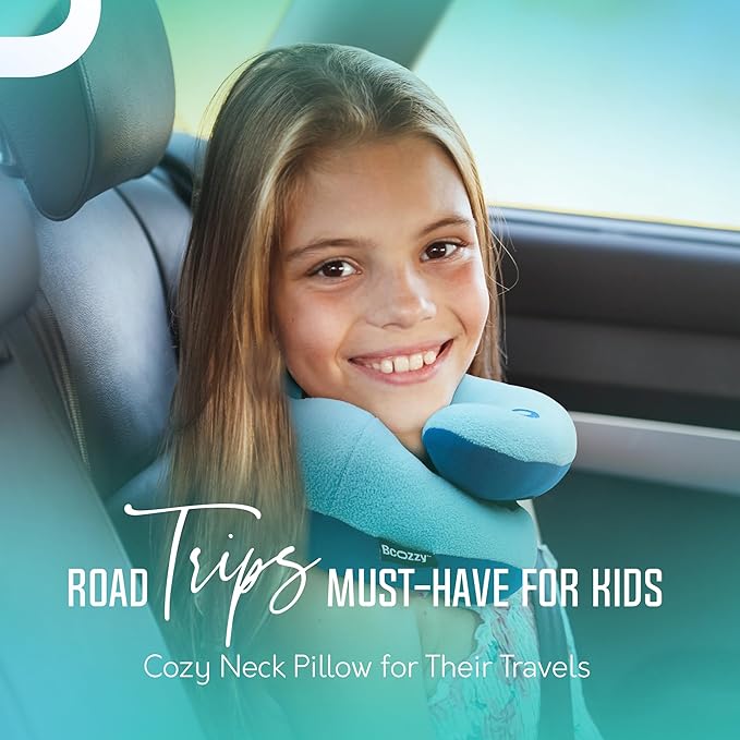 BCOZZY Kids Chin Supporting Travel Pillow for Ages 8–12- Patented Soft Neck Pillow for Head and Chin Support in Car Seat and Airplane. Comfortable Travel Essential. Small Size, Bag, Light Purple