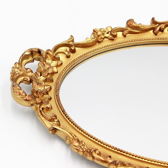 2 Pack - Vintage Decorative Gold Framed Mirror, Wall Hanging Mirrors & Tabletop Tray for Bedroom Living Room Dresser Decor, Oval- 9.6" W x 14.3" L (GOLD-2PACK)