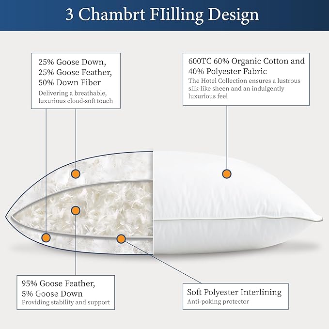 SANSWAN Luxury Goose Feathers Down Pillows Queen Size Set of 2 with Two-Sided Pillowcase, Hypoallergenic Hotel Quality Medium Firm Bed Pillow for Back,Stomach or Side Sleepers