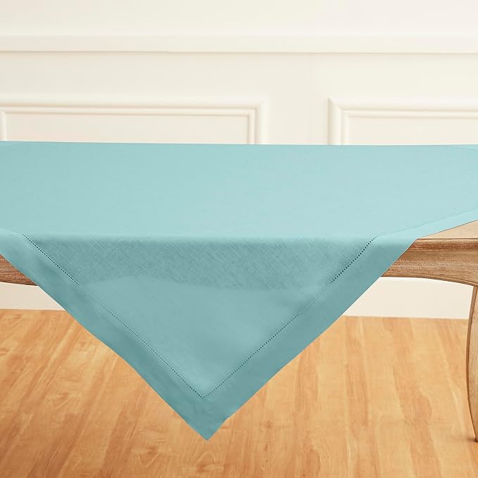 Solino Home Linen Square Tablecloth 52 x 52 Inch - 100% Pure Linen Aqua Blue Table Throw - Classic Hemstitch, Machine Washable Table Cloth