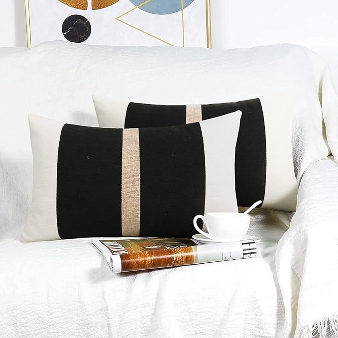 Pyonic Set of 2 Black Linen Patchwork Throw Lumbar Pillow Covers for Couch Farmhouse Decorative Outdoor Pillow Cover for Sofa Living Room Bedroom 12x20 Inch