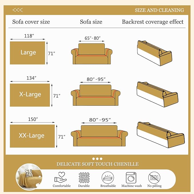 DREAMINGO Modern Minimalism Couch Cover for 3 Cushion Couch Sofa Mustard Yellow 3 Seat Sectional Sofa Covers Chenille Couch Cover for Dogs Boho Herringbone Furniture Sofa Slipcover, 71"x134"
