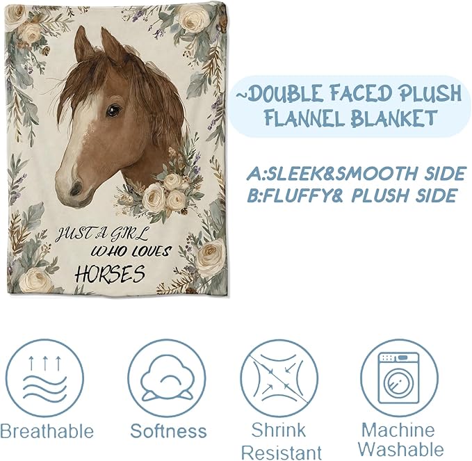 Vintage Horse Floral Blanket,Rustic Gifts for Girls Women,Soft Lightweight Throw Blankets,Retro Farm Animal and Elegant Flower Throws Home Decor,for Camping Living Room Office,60x50inch
