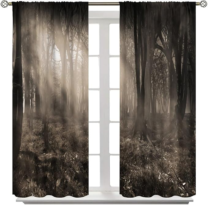 Gothic Forest Blackout Curtains, Forest Scenery Sunbeams Foggy Vintage Colors Fantasy Art Print Window Drapes, for Living Room Bedroom 31.5(W)*63(L) 2 Panels