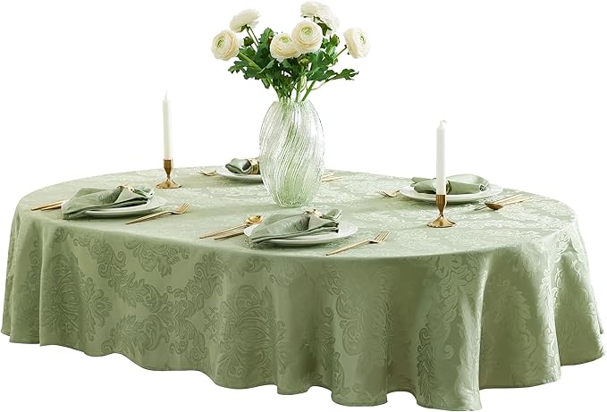 Newbridge Barcelona Damask Fabric Tablecloth, 60 x 84 Inch Oval, Sage Green – No Iron, Soil Resistant Table Cover for Dining, Parties and Holidays