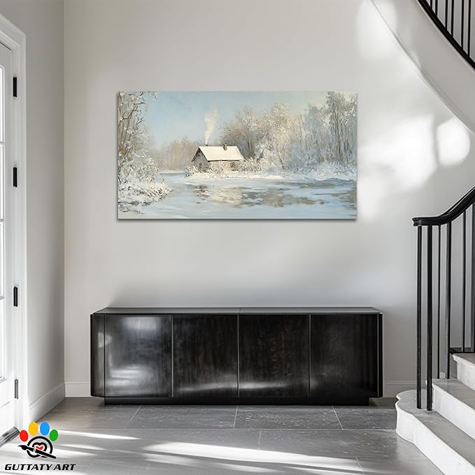 GUTTATY Christmas Winter Scene Canvas Wall Art, Cozy Cabin Snow Landscape Canvas Prints, Tranquil Forest Wall Painting, Serene Winter Pictures Poster for Living Room, Bedroom, Office Decor, 60x30 Inch