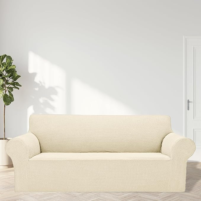 Cupuamon 2025 New Stretch Oversized Sofa Slipcovers Couch Sofa Cover for 4 Seater Furniture Protector Covers with Elastic Bottom Jacquard Fabric Small Checks for Pets, Kids - Beige