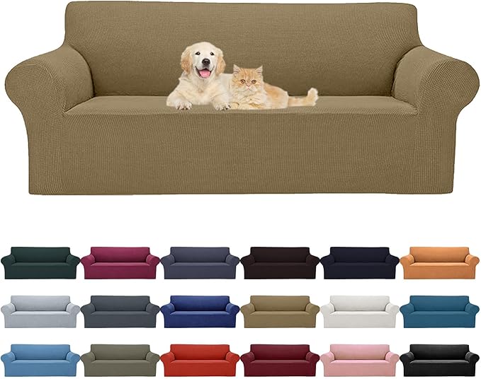 Cupuamon 2025 New Stretch Oversized Sofa Slipcovers Couch Sofa Cover for 4 Seater Furniture Protector Covers with Elastic Bottom Jacquard Fabric Small Checks for Pets, Kids - Tan