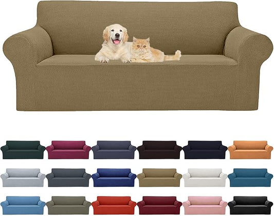 Cupuamon 2025 New Stretch Oversized Sofa Slipcovers Couch Sofa Cover for 4 Seater Furniture Protector Covers with Elastic Bottom Jacquard Fabric Small Checks for Pets, Kids - Tan
