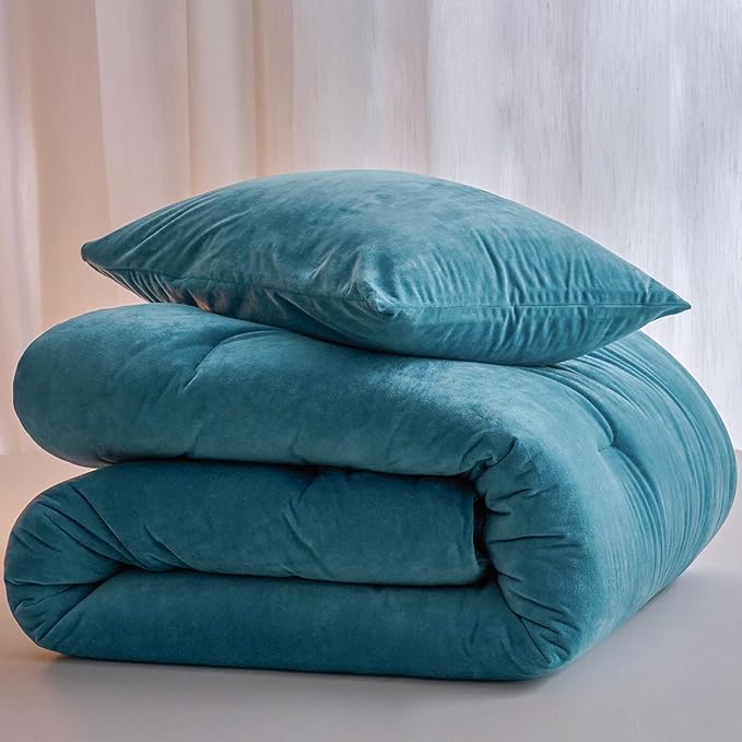 Velvet Comforter Set Queen/Full Size, Blue Fluffy Velvet 3 Piece, Soft Breathable Luxury Winter Warm Bedding Sets, with 1 Cozy Comforter, 2 Pillow Shams (Teal)