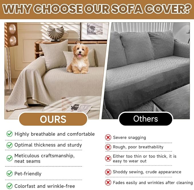 ROOMLIFE Boho Khaki Couch Covers for 3 Cushion Sofa, Couch Cover Sectional Sofa Cover for Dog, Washable Furniture Sofa Protector Cover Soft Blanket with Tassel for Living Room, 71''X118''
