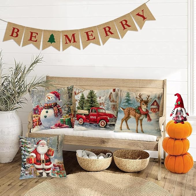 Neatee Living Christmas Pillow Covers 20x20 Set of 4 Farmhouse Xmas Vintage Throw Pillows Christmas Tree Deer Snowman Pillow Cases Outdoor Sofa Couch Cushion Covers for Home Decorations (20 by 20)