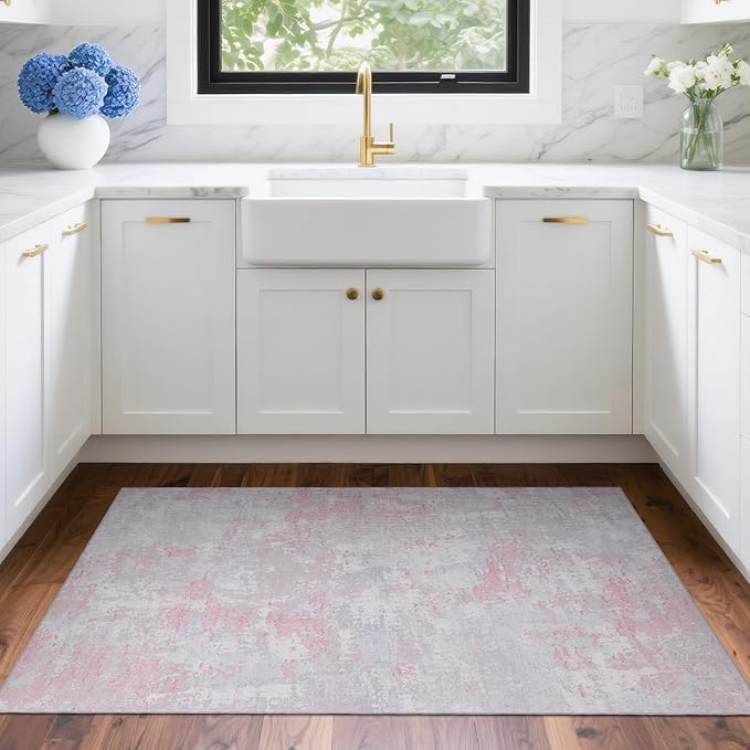 Modern Abstract 2x3 Area Rug Non Slip Non Shedding Low Pile Stain Resistant Rug for Entryway Kitchen Bedroom,Grey Pink