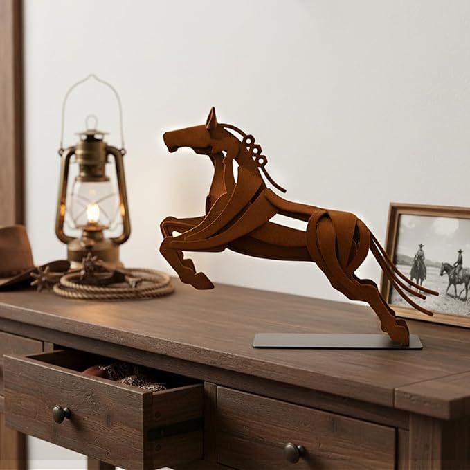 Handcrafted Flocked Iron Horse Sculpture, Handmade Rustic Metal Horse Statue, Dynamic Leaping Horse Figurine for Home Decor, Office Desk Decor, Gift for Horse Lovers