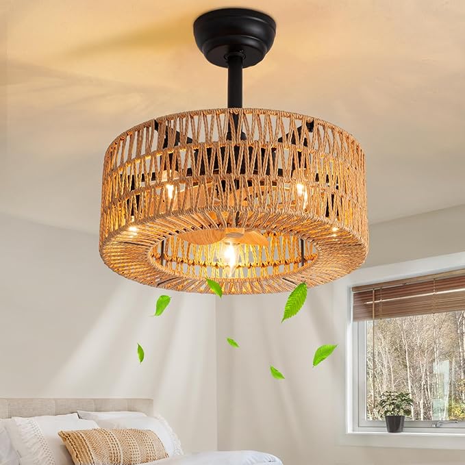 Boho Caged Ceiling Fan with Light, 18 inch Rattan Ceiling Fan with Light, Boho Fandelier, Farmhouse Fandelier Low Profile Cei ling Fan for Bedroom Kitchen Living Room Kids Room