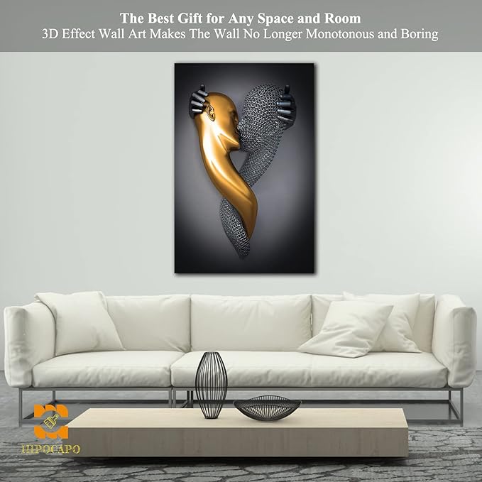 3D Metal Effect Wall Art - 3D Metal Art Wall, Modern Abstract Hug Lovers Painting Picture Poster Prints for Bathroom, Romantic Couple Living Room Canvas Wall Art Framed 28”x40”x1Pcs