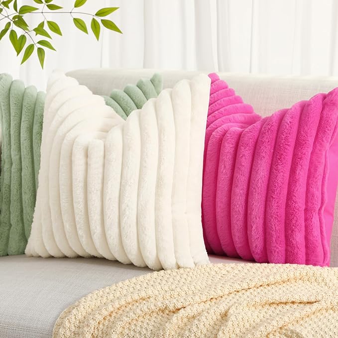 decorUhome Faux Fur Christmas Throw Pillow Covers 20x20 Set of 2, Decorative Soft Plush Striped Neutral Couch Euro Pillow Covers with Velvet Back for Sofa, Bed, Living Room Home Decor, Cream White