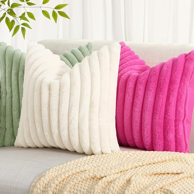decorUhome Faux Fur Christmas Throw Pillow Covers 16x16 Set of 2, Decorative Soft Plush Striped Neutral Couch Euro Pillow Covers with Velvet Back for Sofa, Bed, Living Room Home Decor, Hot Pink