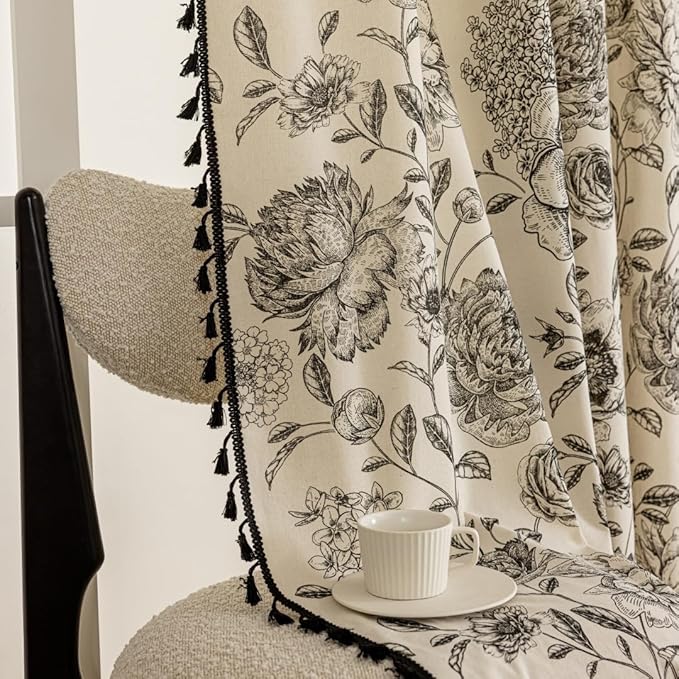 F-CHU Black Floral Farmhouse Curtains Living Room Drapes 84 Inch Length Cotton Linen Boho Window Curtain with Tassel Rod Pocket Bedroom Macrame Drapes Flower Curtains, 1 Panel
