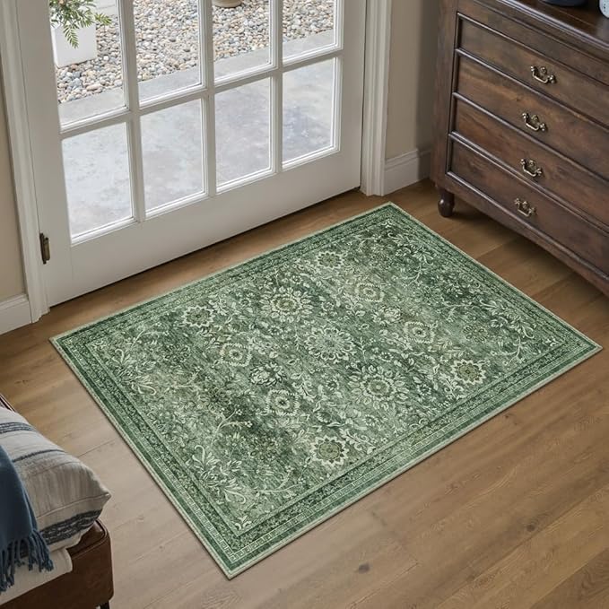 2x3 Entryway Carpet Green Vintage Indoor Non Slip Area Rug Kitchen Washable Door Mat Living Room Entrance Small Low Pile Traditional Distressed Retro Floral Accent Throw Rug Office Bathroom