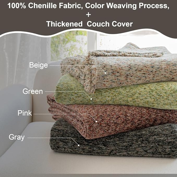 ROOMLIFE Gray Couch Cover Boho Sofa Covers for 3 Cushion Couch Washable, Furniture Protector Sofa Couch Cover for Dogs, Soft Chenille Sofa Slipcover, Couch Throw Blankets with Tassels 71 '' X 150''