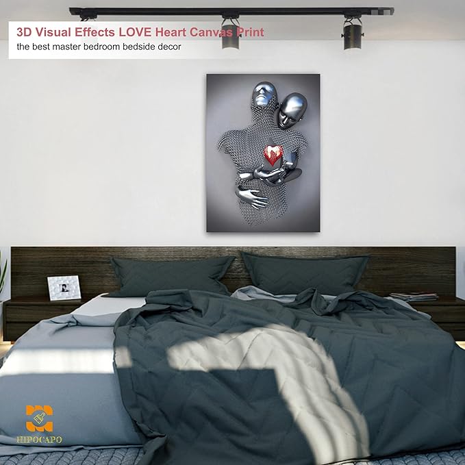 HIPOCAPO 3D Metal Effect Wall Art - Love Heart Canvas Art, Silver Abstract Hug Lovers Painting Picture Poster Prints for Bathroom, Romantic Couple Living Room Framed28”x40”x1Pcs 3d Art-11