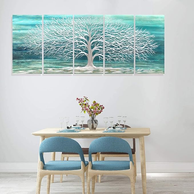 RICHSPACE ARTS Home and Kitchen Metal Wall Art Gray White Tree Turquoise Nature Scene Decor 3d Wall Sculpture with Hanger Set of 5-Piece Ornament