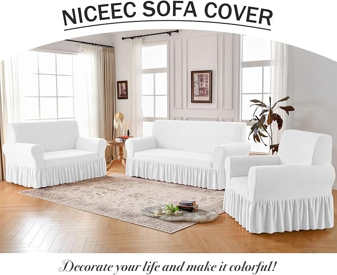 NICEEC Loveseat Cover Thick Plush 1-Piece Warm White Slipcover for Loveseats Stretch Fluffy Couch Covers for Living Room Easy Fit Washable Soft Furniture Sofa Protector with Skirt
