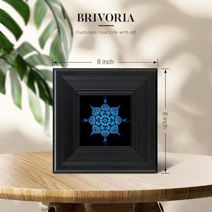 Brivoria Mandala Wall Art Home Decor, Framed Blue Celestial Bloom Mandala Artwork, Modern Spiritual Accent for Meditation Corner Desk Shelf or Bedroom, Tranquil Wall and Tabletop Display, 8x8