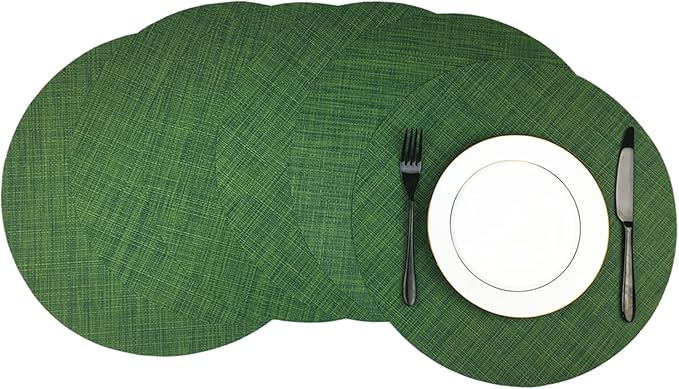 WAZAIGUR Round Placemats Set of 6 Woven Vinyl Easy to Clean Heat Resistant Kitchen Table Mats 15 Inch(Hunter Green 6)