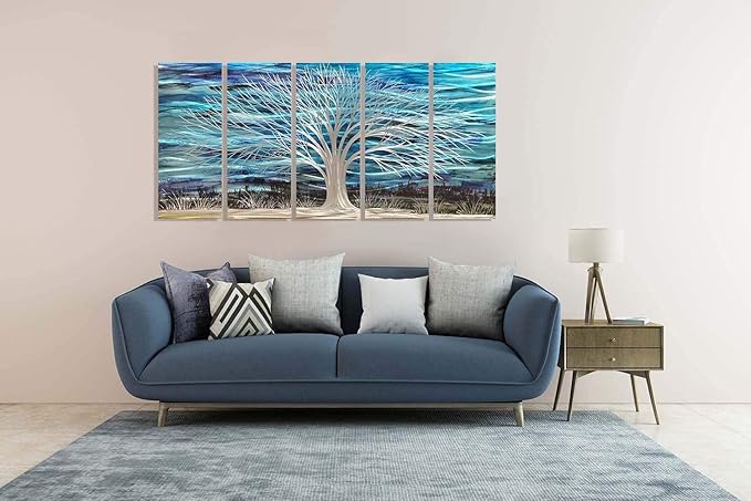 RICHSPACE ARTS 3D Blue Abstract Metal Wall Art Bright Silver Tree Metallic Artwork on Aluminum for Living Room Large Modern Sculpture Decor for Bedroom Entryway