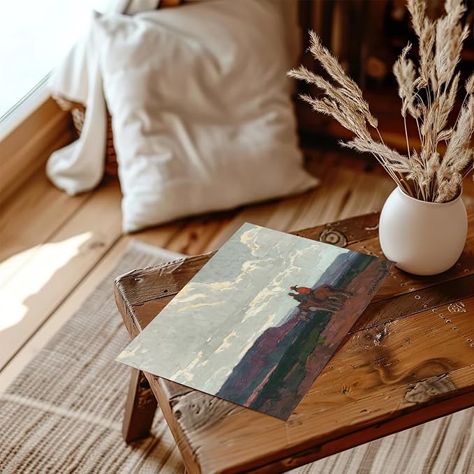 XOCUUI Western Cowboy Unframed Canvas Wall Art Vintage Print Oil Paintings, Horse Rider At Sunset Print Rustic Mountain Landscape Painting, Mid Century Antique Moody Retro Artwork Wall DéCor(8"X10")