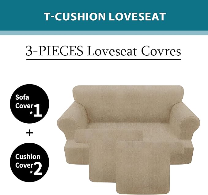 T Cushion Loveseat Slipcover 3 Pieces Sofa Covers for T Cushion Sofa Stretch Slip Covers for 2 Cushion Couch with 2 Individual T Shape Seat Covers (Island Fossi, 2 Cushion)