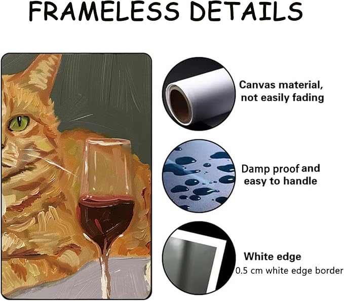 Eeuqiauot Vintage Cat Canvas Wall Art Abstract Cat with Cake Poster Cute Animal Prints Vintage Animal Drink Wine Poster Funny Kitty Pictures Wall Decor 16x24in Unframed