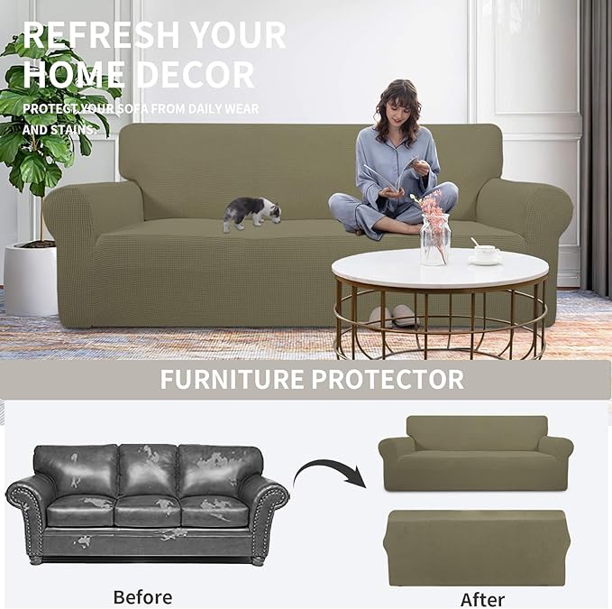 Easy-Going Stretch Loveseat Slipcover 1-Piece Sofa Cover Furniture Protector Couch Soft with Elastic Bottom for Kids Polyester Spandex Jacquard Fabric Small Checks (Loveseat, Khaki)