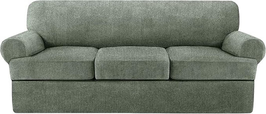 4 Piece T Cushion Sofa Slipcovers Stretch Couch Cover Furniture Covers with 3 Individual T Cushion Covers, Machine Washable for Living Room (Green, 3 Cushions)