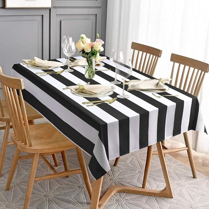 ASPMIZ Black and White Striped Tablecloth for Rectangle Tables, Geometric Stripe Waterproof Table Cloth for Kitchen Dining Room, Polyester Tablecloth Rectangle 60” x 104”