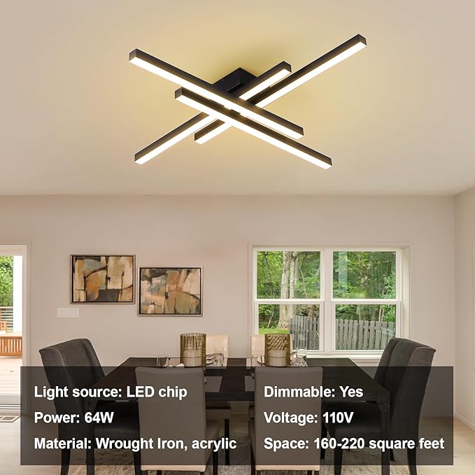 JAYMP Modern Ceiling Light with Remote, 43.3" Black Sputnik Ceiling Lamp, 64W Dimmable LED Lighting Fixture for Dining Room, Living Room, Kitchen Island, 4 Lights