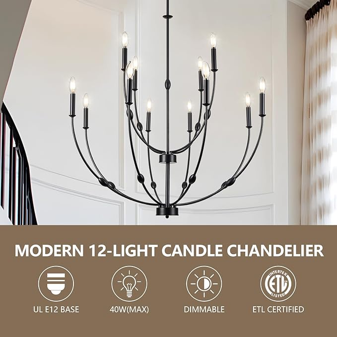 12-Lights Black Farmhouse Chandelier for Living Room, 35 Inch 2-Tiers Large Chandeliers for High Ceilings, Modern Rustic Candle Chandelier for Foyer Entryway