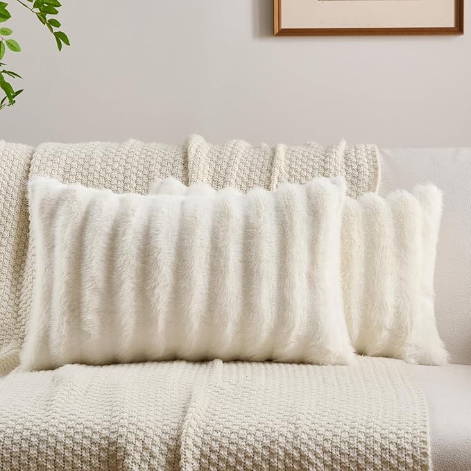 FUTEI Cream White Decorative Throw Pillow Covers 12x20 Inch Set of 2,Soft Fluffy Faux Rabbit Fur Dyeing Striped Textured Lumbar Pillow Case,Modern Home Decor for Couch Bed Living Room