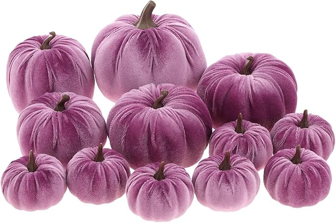 12Pcs Thanksgiving Velvet Fake Pumpkins Artificial Halloween Handmade Fall Harvest Centerpiece Decoration for Home Kitchen Farmhouse Purple