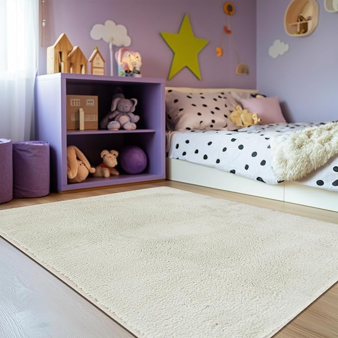 jinchan Solid Plush Area Rug 4x6 Performance Shaggy Washable Rug Indoor Soft Modern Faux Wool Cozy Non Slip Carpet for Living Room Kids Room Bedroom Dining Room Nursery Ivory