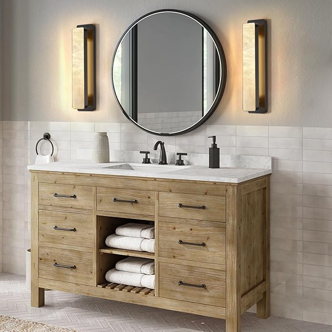 Alabaster Wall Sconces 20" Black Bathroom Vanity Light Indoor Natural Marble Bronze Alabaster Wall Lights for Living Room Modern Alabaster Wall Lighting for Dining Room Bedroom Stairs
