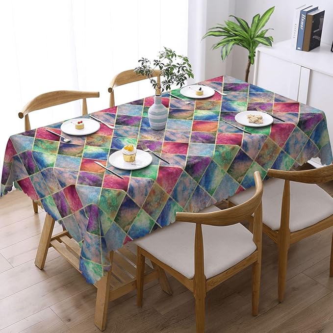 Watercolor Argyle Plaid Table Cloth for Dining Tables,Reusable Abstract Plaid Tablecloths Decoration Kitchen Colorful Rhombus Rectangle Table Cover for Holiday,Party,Picnic,54x72In