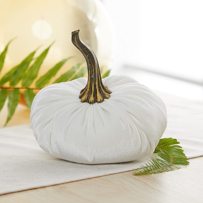 Set of 3 Velvet 6.25 Inch Pumpkins, fall decor, cozy autumn vibe, tiered tray tablescape, elegant accent decor, Thanksgiving centerpiece, neutral mantel decor (Gray, Taupe, Ivory)