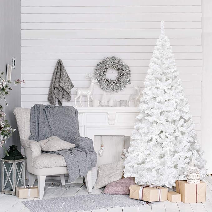 GOFLAME 7FT Artificial White Christmas Tree Home Holiday Décor, Metal Stand PVC Material 950 Branches Indoor Decoration, Easy Assembly