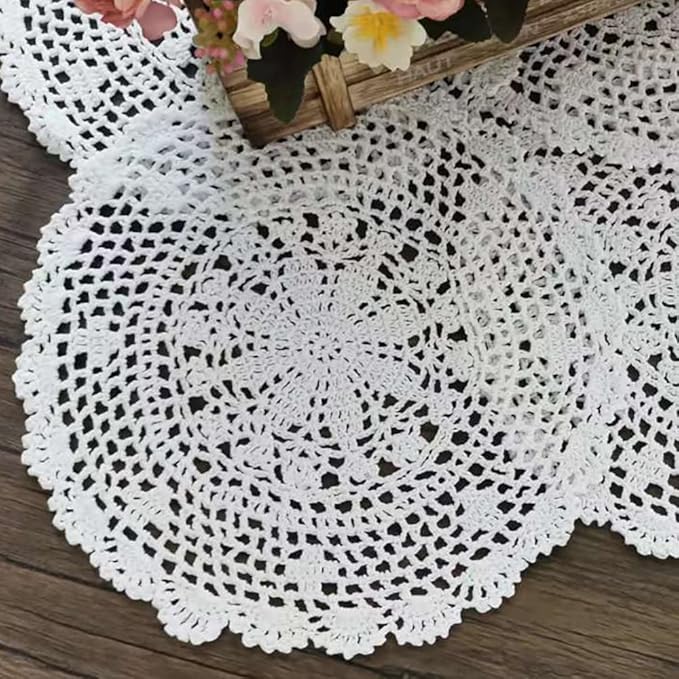 PHANTOMON Crochet Doilies Handmade Round Cotton Lace Table Placemats Knitted Tablecloth, Star Pattern Rippled Edge, Pack of 4 (12 Inch, White)