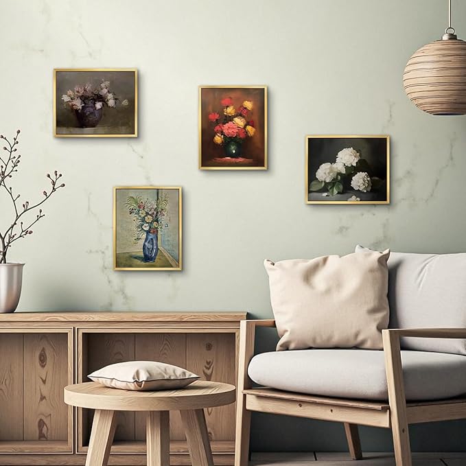 AIMAILON Vintage Gold Canvas Wall Art Framed Decor for Living Room Kitchen Classical Still Life Three Color Rose Artwork Warm Moody Botanical Aesthetic Picture Home Decoration 8x10