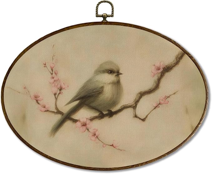 JQF Vintage Bird Oval Wall Decor, Rustic Farmhouse Bird Oval Canvas Wall Art, Neutral Cottagecore Botanical Framed Prints Hanging Decor for Home Bedroom Living Room, 11.5x8.5 Inch