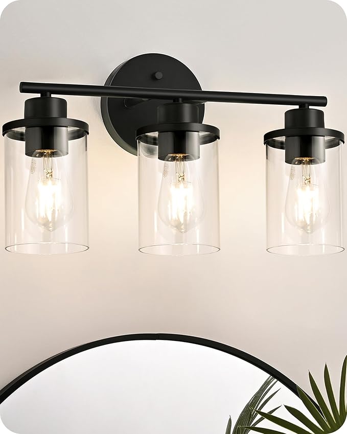 EDISHINE Bathroom Light Fixtures, 3 Light Bathroom Vanity Light, Matte Black Bathroom Lights Over Mirror with Clear Glass Shade for Bedroom Powder Room Vanity Table Kitchen (E26 Base)